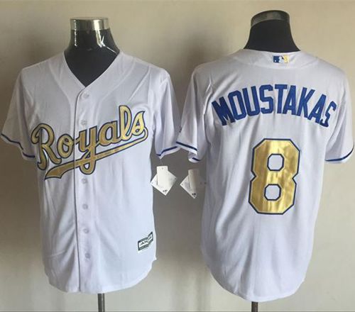 Royals #8 Mike Moustakas White New Cool Base 2015 World Series Champions Gold Program Stitched MLB Jersey - Click Image to Close
